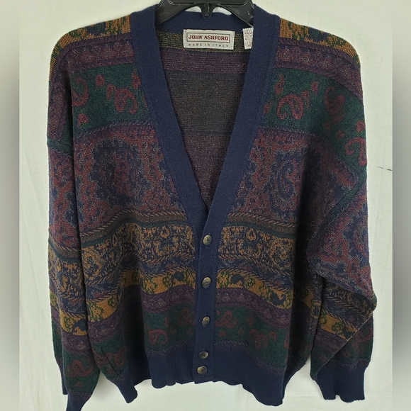 Vintage John Ashford Granddad Button Down Blue Wool Blend Cardigan Sweater Sz L - Picture 2 of 8